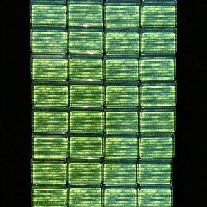 May include: A grid of thirty-two rectangular glass tiles arranged in eight rows and four columns. Each tile features a translucent lime green hue with a subtle, repeating horizontal bamboo-like texture embedded within the glass surface.