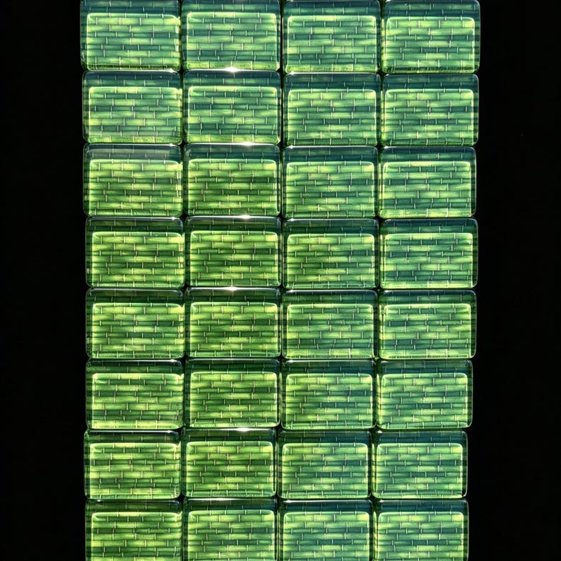 May include: A grid of thirty-two rectangular glass tiles arranged in eight rows and four columns. Each tile features a translucent lime green hue with a subtle, repeating horizontal bamboo-like texture embedded within the glass surface.
