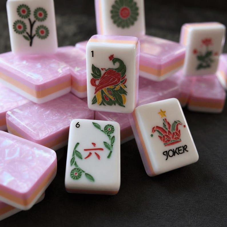 May include: A collection of rectangular Mahjong tiles featuring white faces with colorful engraved designs, including a peacock, a joker with a star, and floral motifs. The tiles have a layered base with a pink pearlescent top and orange middle.