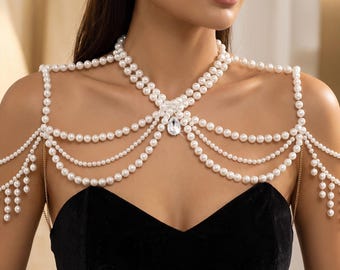 Pearl Shoulder Chain Bridal Jewelry | Layered Body Chain Necklace | Wedding Shoulder Drape Accessory | Boho Vintage Bride Statement Piece