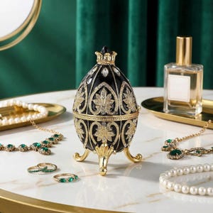 May include: A black and gold egg-shaped jewelry box with a crown on top, adorned with ornate leaf and crystal designs. The box sits on three gold legs. Emerald and pearl necklaces, rings, and a perfume bottle are arranged around it on a white surface.