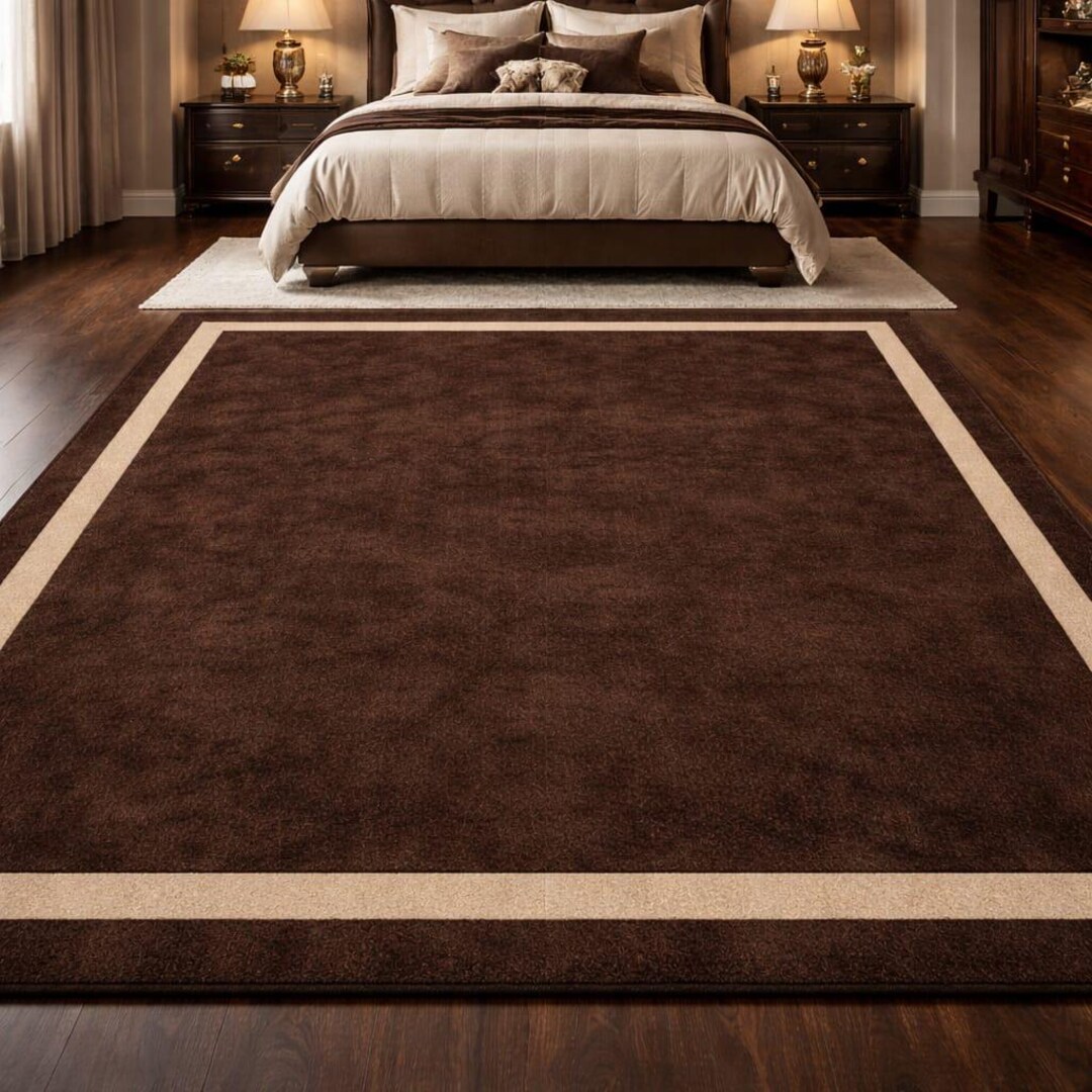 Chocolate Brown Border Rug – Plush Modern Area Carpet, Minimalist Floor ...