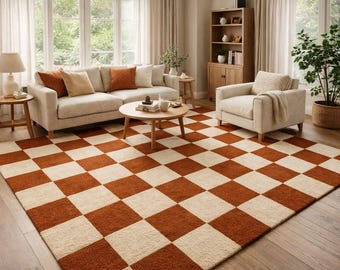 Handmade Brown Checkered Area Rug – Modern Minimalist Carpet