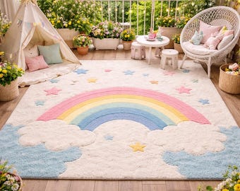 Alfombra infantil arcoíris hecha a mano: suave, ideal para guardería y sala de juegos.