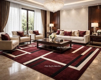 Handmade Burgundy Wool Area Rug – Geometric Border, Modern Carpet