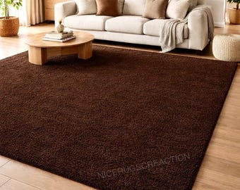 Luxury Solid Brown Wool Rug – Soft Plush Shag Carpet for Living Room & Bedroom