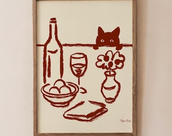 Whimsical Cat Art Print, Scandinavian Dinner Party Poster, Modern Gallery Wall Art, Funny Cat Lover Gift