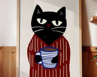 Minimalist Black Cat Chilling with Coffee, Mid-Century Modern Cat Art, Stripe Cat Art, Cat Lover Wall Decor, Lazy Cat Art, Relaxing Cat Gift