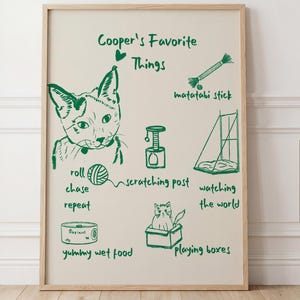 Puede incluir: Una lámina enmarcada sobre fondo beige claro con dibujos lineales en verde de un gato y el texto Cooper's Favorite Things, matatabi stick, scratching post, watching the world, roll chase repeat, yummy wet food y playing boxes.