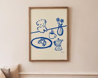 Sneaky Dog Breakfast Print, Scandi Kitchen Art (Digital Download)