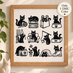 ミニマルな黒猫のクロスステッチパターン、かわいい猫の刺繍PDF、モノクロの猫アート、猫好きへのギフト