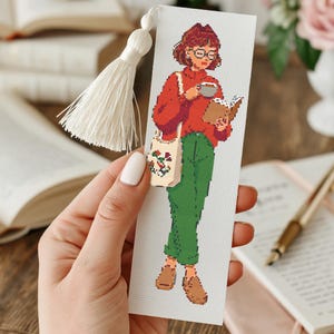 Bookish Girl Cross Stitch PDF, Coffee and Reading Needlepoint Pattern, Modern Embroidery Pattern for Book Lovers