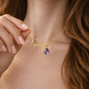 Collar con nombre personalizado y piedra de nacimiento, collar de oro personalizado con nombre y piedra de nacimiento, joyería con nombre en letra cursiva, regalo de cumpleaños para ella