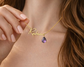 Collar con nombre personalizado y piedra de nacimiento, collar de oro personalizado con nombre y piedra de nacimiento, joyería con nombre en letra cursiva, regalo de cumpleaños para ella