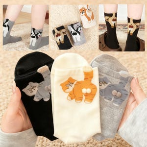 Può includere: Calzini assortiti con disegni di cani e gatti dei cartoni animati. I calzini sono in vari colori, tra cui nero, grigio e crema. I calzini per cani hanno un design Shiba Inu, mentre i calzini per gatti hanno un design tabby arancione.