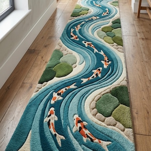 May include: A long, rectangular rug with a flowing river design. The rug features a teal blue river with white and beige accents, and koi fish swimming upstream. Green and beige stones are placed along the river's edge. The rug is placed on a wooden floor.