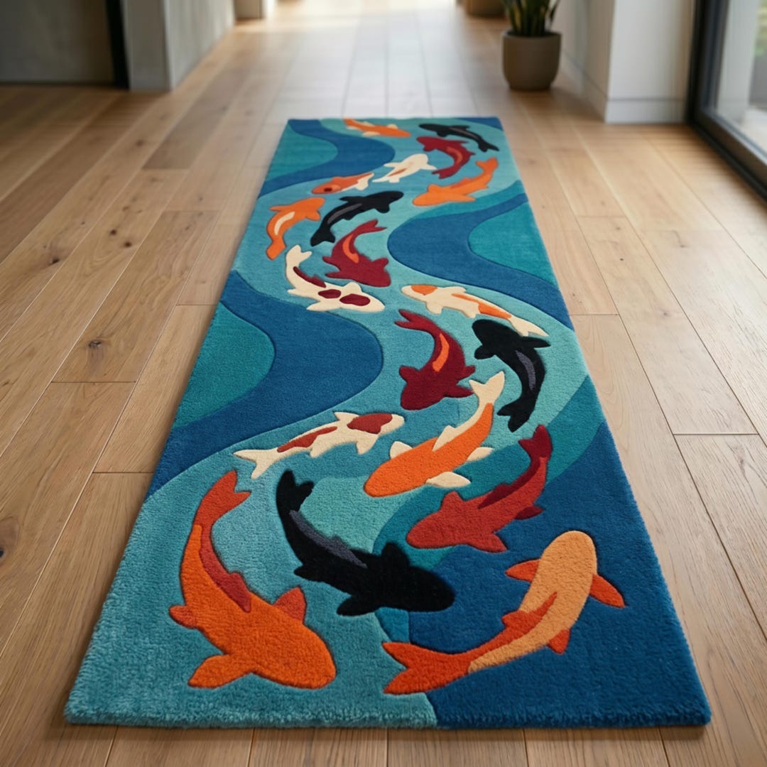Koi Fish Hallway Runner Rug, Blue Water Design, Long Narrow Entryway ...