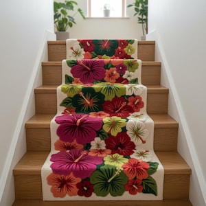 May include: A stair runner with a floral design featuring large hibiscus flowers in shades of pink, red, green, and orange. The runner is placed on wooden stairs, creating a vibrant and decorative accent.