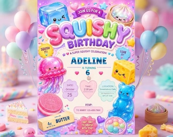 Squishy Birthday Invitation Template, Trendy Squishy Party Invite, Cute Kawaii Birthday Invitation, Editable Canva Digital Download