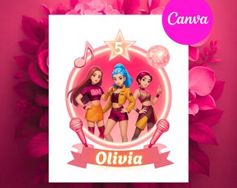 Adorno editable para tarta de cumpleaños de K-pop, decoración para fiesta de chicas (descarga digital)