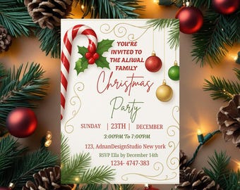 Invitación para fiesta navideña con bastones de caramelo, elegante evento festivo (Canva digital)