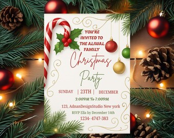 Invitación para fiesta navideña con bastones de caramelo, elegante cena navideña (Canva digital)