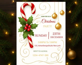 Invitación navideña con bastones de caramelo / Invitación navideña editable en Canva