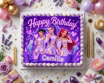 Decorazione per torta di compleanno a tema cacciatori di demoni K-Pop / Modello stampabile di Huntrix su Canva PNG / Decorazioni per feste K-Pop modificabili / k warriors PNG