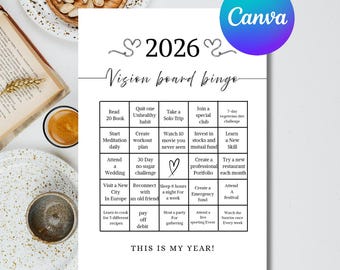 Tarjeta de bingo para el tablero de visión 2026, propósitos de Año Nuevo (descarga digital editable de Canva)