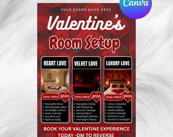 Folleto de decoración de habitación de lujo para San Valentín, plantillas editables de Canva (PDF imprimible)