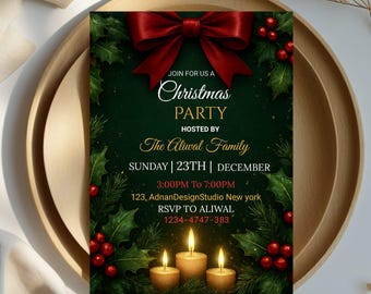 Invitación elegante para fiesta navideña con temática de vegetación, plantilla editable de Canva.