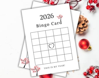 Tarjeta de bingo para el tablero de visión 2026, juego de propósitos de Año Nuevo (PDF imprimible de 5 x 7 pulgadas)