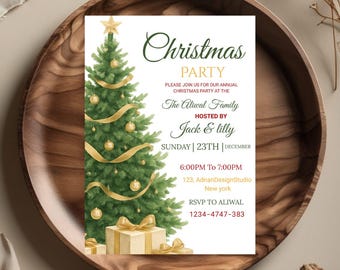 Plantilla editable de invitación a fiesta navideña con vegetación (descarga digital)