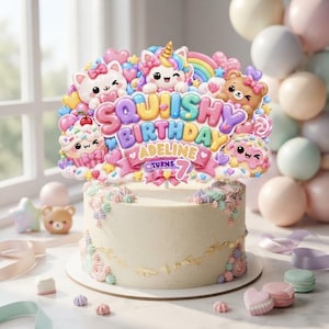 Puede incluir: Un adorno para tarta con el texto SQUISHY BIRTHDAY ADELINE TURNS 7, decorado con personajes de dibujos animados en tonos pastel que incluyen un unicornio, un gato y un oso, junto a corazones, un arcoíris y un cupcake, sobre una tarta.