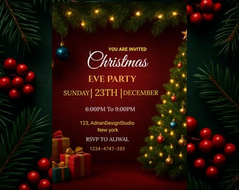 Invitación para fiesta de Nochebuena en rojo y dorado / Plantilla Canva (Descarga digital)