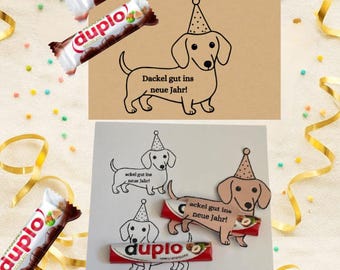 Plantilla imprimible de perro salchicha para Nochevieja 2026, plantilla de manualidades para regalos de Nochevieja, pequeño regalo imprimible para Nochevieja.