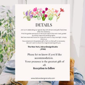 May include: A wedding invitation with floral illustrations at the top. The text reads "DETAILS" followed by event information, including the date, time, and location. The invitation also includes the website address.