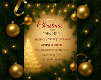 Christmas Party Invitation, Christmas Dinner Invite, Editable Xmas Canva Template, Holiday Party Card Digital, Printable Download