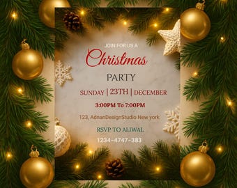 Invitación editable para fiesta de Navidad, diseño festivo en rojo y verde (descarga digital)