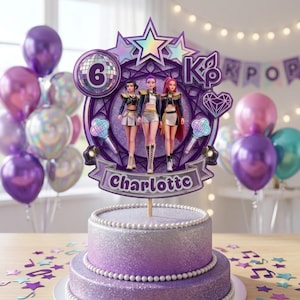 May include: A purple glittery cake topper featuring three figures, a disco ball with the number 6, the text Charlotte, and K-pop motifs. The topper is mounted on a two-tiered purple glitter cake decorated with white pearl-like trim and scattered stars.