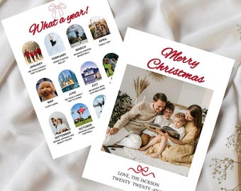 Plantilla de tarjeta fotográfica navideña con resumen del año / Canva editable (digital)