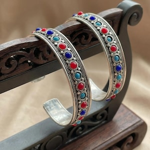 Tibetan Beaded Cuff Bracelet – Coral Lapis Turquoise Mosaic, Boho Tribal Healing Statement