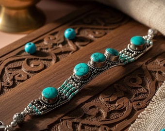 Pulsera nepalí con incrustaciones de turquesa / Joyería étnica bohemia / Plata tibetana