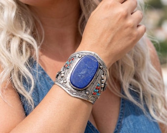 Lapis Lazuli Cuff – Afghan Tribal Statement, Pyrite Flecked Unisex Talisman Wide Handcrafted Bangle