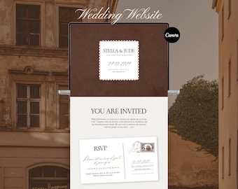 Peut inclure: Un design de site web de mariage affiché sur un écran d'ordinateur portable. Le site web présente un fond marron avec le texte "Wedding Website" en haut. Le site web comprend les noms "STELLA & JUDE" et la date "07.18.2014".
