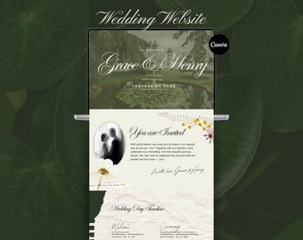 Green Floral Wedding Website Template, Editable Canva RSVP invitation for wedding