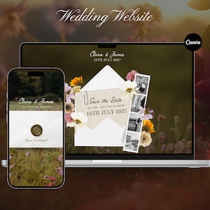 May include: A wedding website design displayed on a laptop and smartphone. The design features the text "Wedding Website", "Clara & James", and "Save the Date" with the date "15th July 2027". The design includes floral elements.