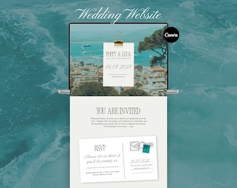 Plantilla web para bodas con temática oceánica, confirmación de asistencia en Canva, invitación de boda (descarga digital)