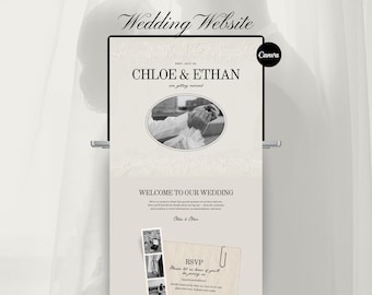 May include: A wedding website design displayed on a laptop screen. The website features the names "Chloe & Ethan" and the date "2023, July 15." A photo of hands is in an oval frame. The website includes an RSVP section.