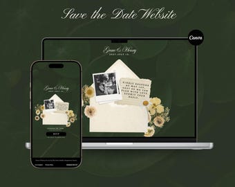 Modello di sito web per matrimonio con invito floreale verde, RSVP modificabile Canva (digitale)